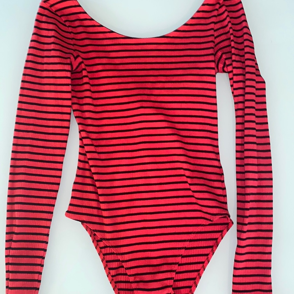 Holiday red and black stripped body suit with low back.